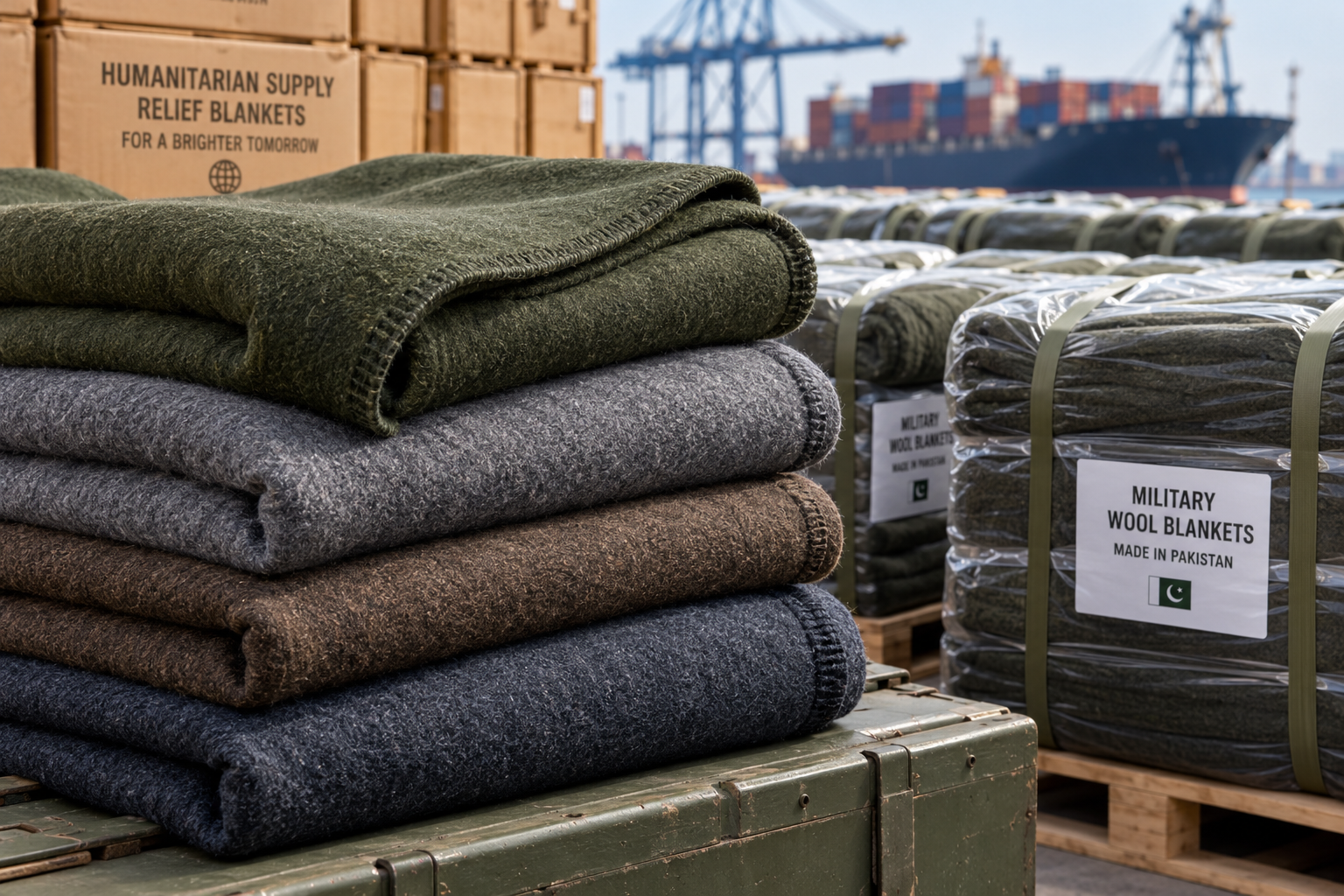 Military wool blankets from Pakistan stacked for bulk export, featuring wool blend fabrics and institutional packaging for defense and humanitarian procurement.